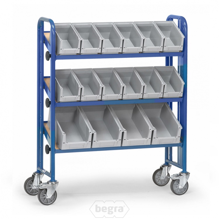 Bakkenwagen 250 kg met 3 etages en 16 magazijnbakken