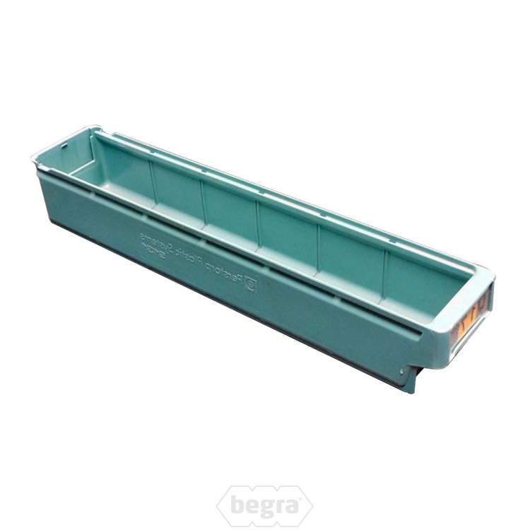 Gebruikte kunststof magazijnstellingbak, stapelbak 600x115x100 groen