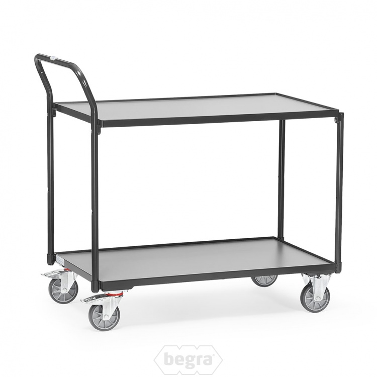 Lichte tafelwagen 300 kg met 2 houten etages en opstaande duwbeugel 1000x600 antraciet