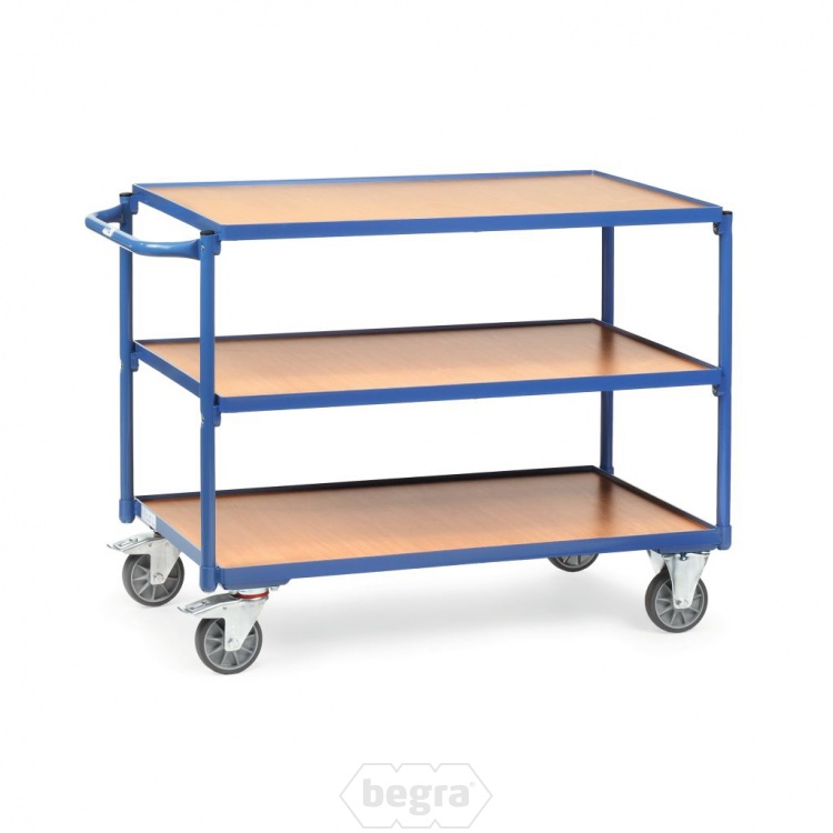 Lichte tafelwagen 300 kg met 3 houten etages en horizontale duwbeugel 850x500