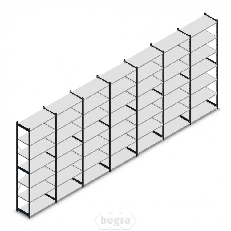 Voordeelrij gebruikte Bruynzeel legbordstelling 2630x4530x375mm (hxbxd) 6 secties 7 niveaus