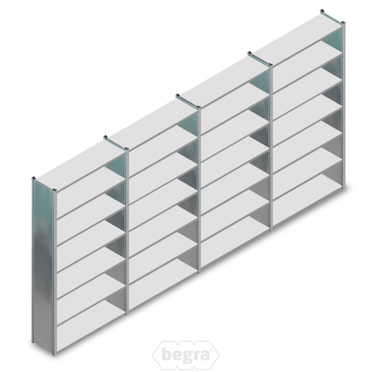 Voordeelrij gebruikte legbordstelling MD 2130x4000x300mm (hxbxd) - 4 secties 7 niveaus