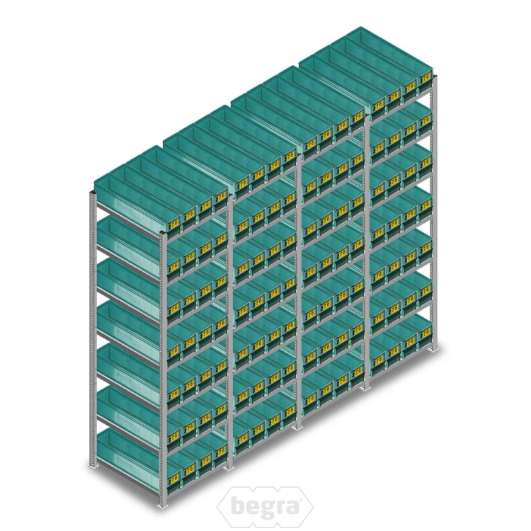 Voordeelrij gebruikte legbordstelling Medium Duty met bakken 2000x2200x600mm (hxbxd) 4 secties 7 niveaus