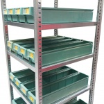 Gebruikte legbordstelling Medium Duty met bakken 2000x550x600mm (hxbxd) 7 niveaus aanbouwsectie