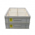 Palletaanbieding gebruikte kunststof stapelbak, transportkrat 600x400x117mm (lxbxh) grijs met kartonnen doosjes (573541)