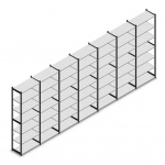 Voordeelrij gebruikte Bruynzeel legbordstelling 2630x4530x375mm (hxbxd) 6 secties 7 niveaus