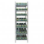 Voordeelrij gebruikte legbordstelling Medium Duty met bakken 2000x2200x600mm (hxbxd) 4 secties 7 niveaus
