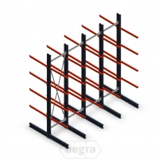 Voordeelrij zware draagarmstelling dubbelzijdig 5000x4890 mm (hxb) armlengte 1200 mm - 4 niveaus Voordeelrij zware draagarmstelling dubbelzijdig 5000x4890 mm (hxb) armlengte 1200 mm - 4 niveaus