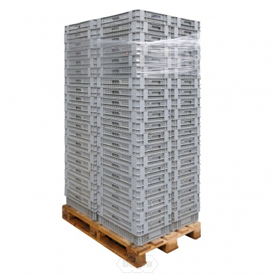 Palletaanbieding 56 gebruikte nestbare kunststof stapelbak, transportkrat geperforeerd 600x400x190mm (lxbxh) grijs Palletaanbieding 56 gebruikte nestbare kunststof stapelbak, transportkrat geperforeerd 600x400x190mm (lxbxh) grijs
