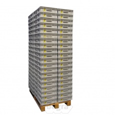 Palletaanbieding gebruikte kunststof stapelbak, transportkrat 600x400x117mm (lxbxh) grijs met kartonnen doosjes Palletaanbieding gebruikte kunststof stapelbak, transportkrat 600x400x117mm (lxbxh) grijs met kartonnen doosjes