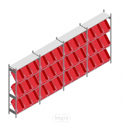 Voordeelrij bakkenstelling Heavy Duty met 3 niveaus bakken en 1 niveau legbord 2500x5200x400 mm (hxbxd) 4 secties
