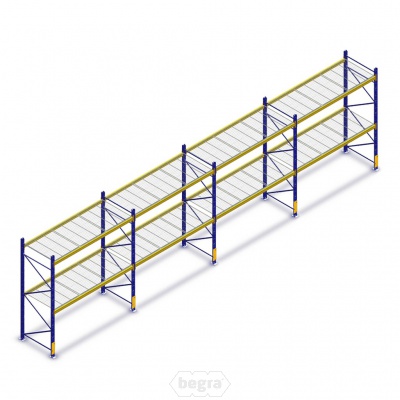 Voordeelrij gebruikte JH Esmena palletstelling 3000x11720x1100mm (hxbxd) - 4 secties 2 niveaus + draadroosters en stijlbeschermers Voordeelrij gebruikte JH Esmena palletstelling 3000x11720x1100mm (hxbxd) - 4 secties 2 niveaus + draadroosters en stijlbeschermers