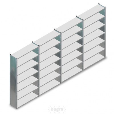 Voordeelrij gebruikte legbordstelling MD 2130x4000x300mm (hxbxd) - 4 secties 7 niveaus Voordeelrij gebruikte legbordstelling MD 2130x4000x300mm (hxbxd) - 4 secties 7 niveaus